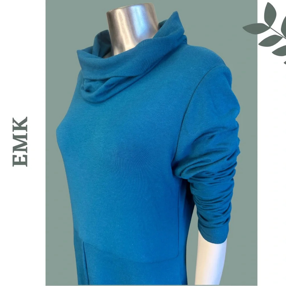 EMK Irene Midi Dress Long Sleeves w/ Pockets Cowl Neck Teal Bamboo Blend - Picture 7 of 10